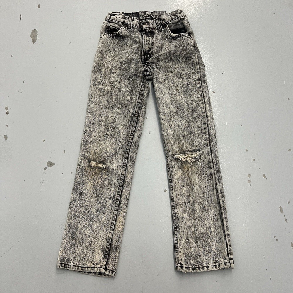 Vintage Levis Boys 12 Regular Acid Wash Distressed Jeans Made in USA Black Gray